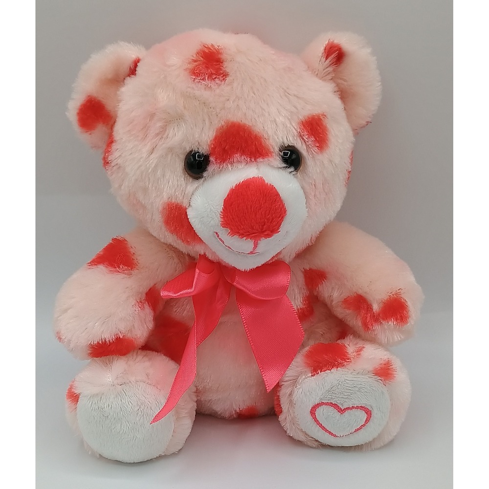 8" 209375-E Sitting Just Plush Pink Bear Red Hearts Red Bow Heart Foot B4